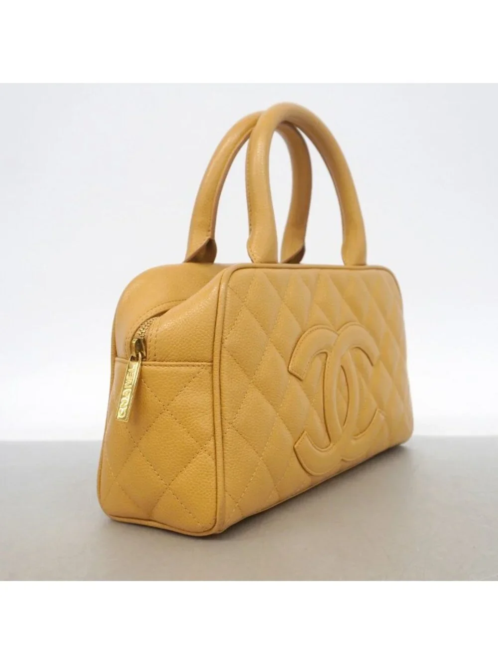 Chanel Handbag Quilted Caviar Leather Beige Gold